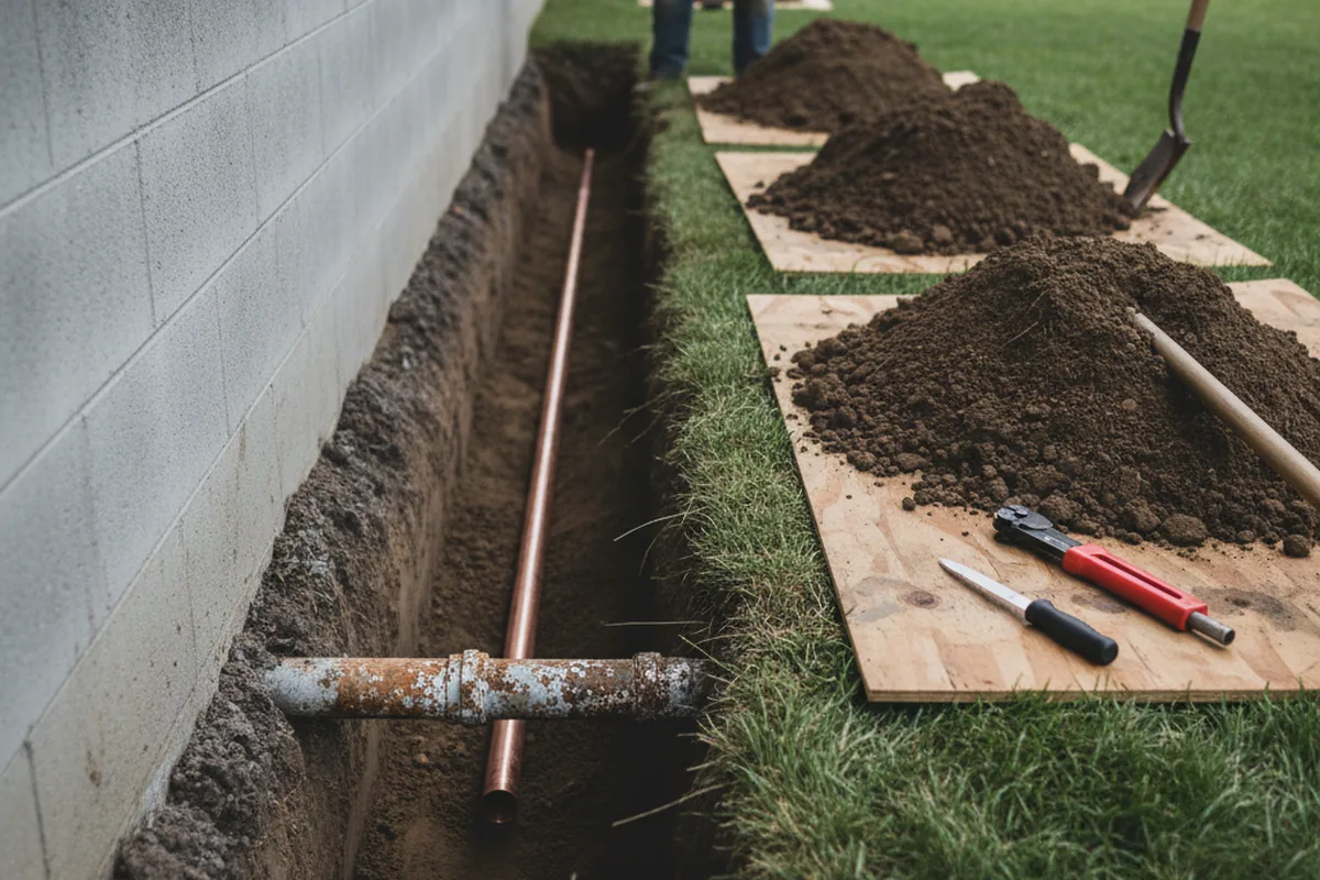 Excavated water line trench during Sewer Line Repair in Mount Arlington